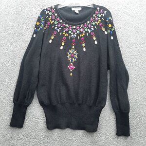 Victoria Harbour Black Sweater Colorful Gemstone Embellishments L Ramie  Cotton
